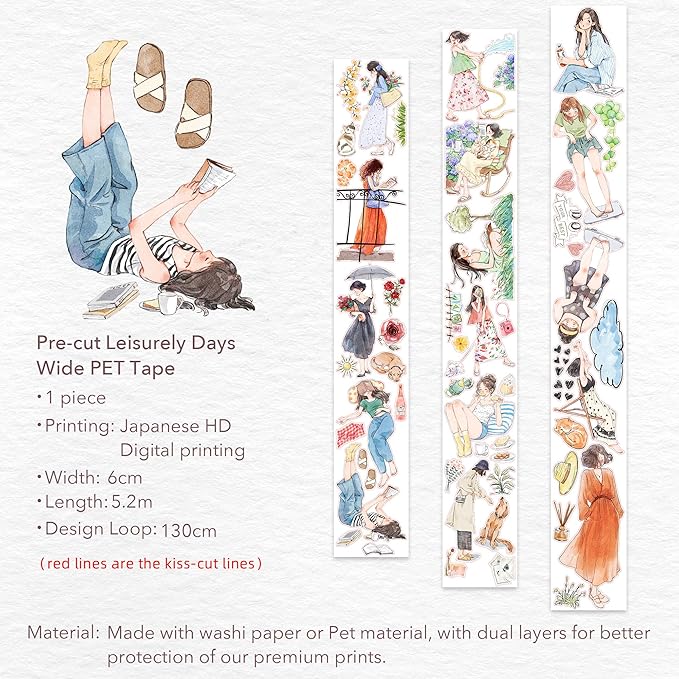 WT Pre-Cut Leisurely Days PET Tape Roll, Original Designs, Decorative Artist Tape for Bible Journaling, Bullet Journals, Scrapbooks, Planners & DIY Craft Supplies