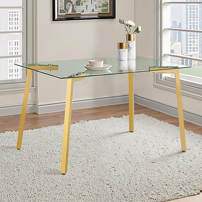 Dining Table for 6 Kitchen Table 51" Rectangular Modern Glass Dining Table Kitchen & Dining Room Tables with Glass Tabletop and Metal Legs for Dining Room and Kitchen, Gold