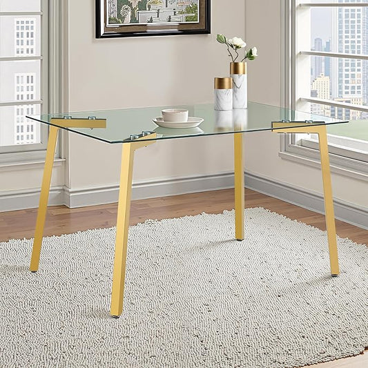 Dining Table for 6 Kitchen Table 51" Rectangular Modern Glass Dining Table Kitchen & Dining Room Tables with Glass Tabletop and Metal Legs for Dining Room and Kitchen, Gold