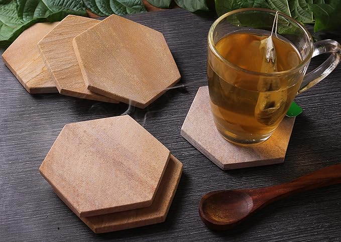 Sandstone Water Absorbent Hand Crafted Hexagon Coasters for Drinks - 4 Inches Wide Thirsty Stone Bar/Drink Coasters- Made from Rainbow Sandstone (Set of 4 Without Holder)
