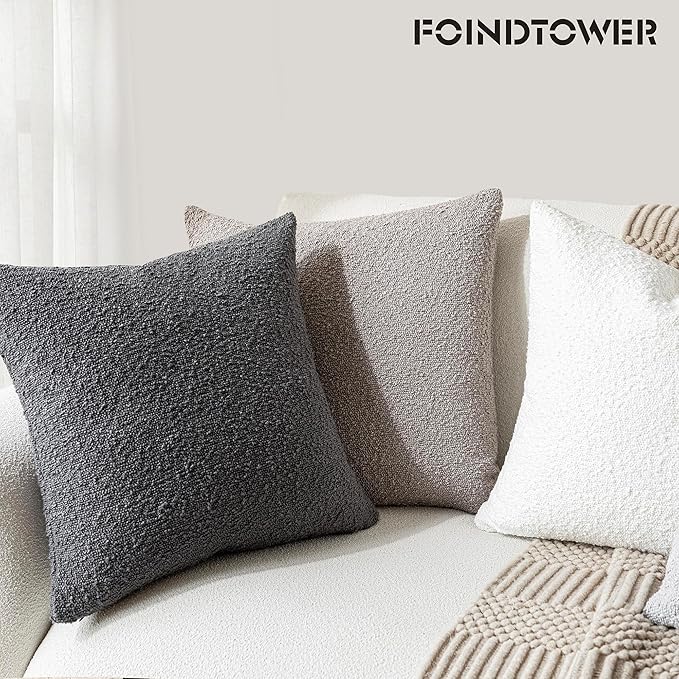 Foindtower Pack of 2, Decorative Textured Boucle Throw Pillow Covers Accent Solid Pillow Cases Cozy Soft Couch Cushion Case for Chair Sofa Bedroom Living Room Home Decor 22 x 22 Inch Neutral Grey
