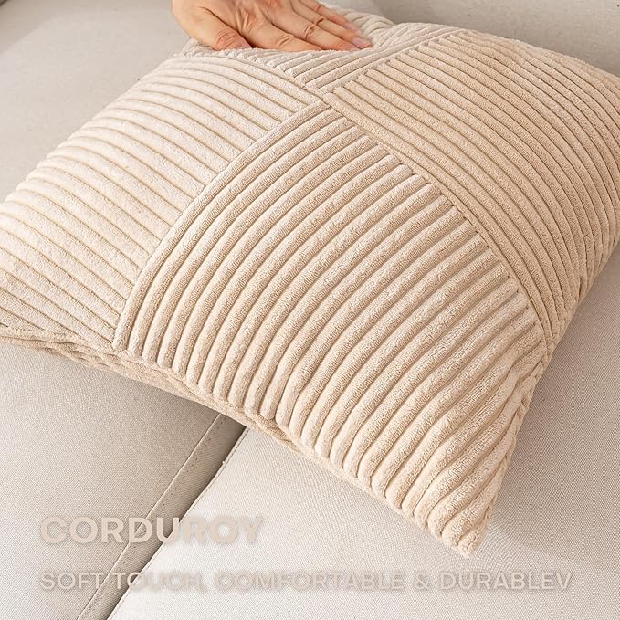 Decorative Throw Pillow Covers 18x18 Inch Set of 2 for Boho Living Room Farmhouse Home Decor, Spring Pillow Covers for Couch Bed, Soft Corduroy Striped Patchwork Cushion Cases, Tan