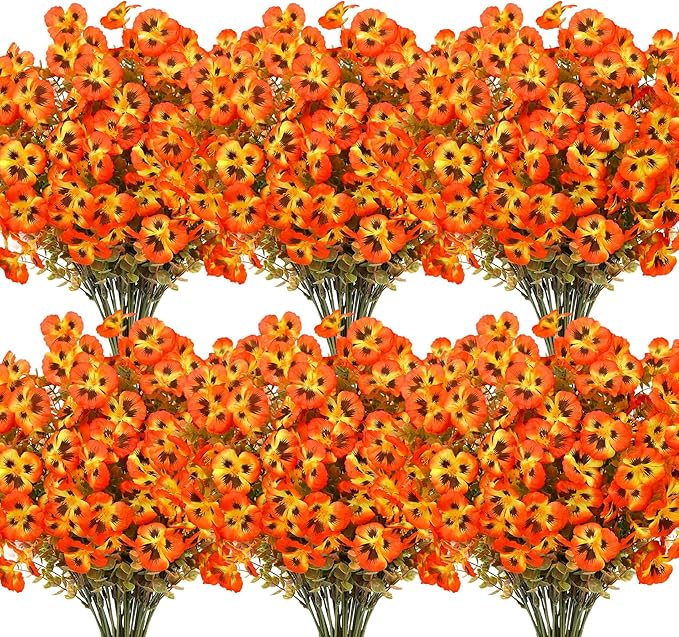 16 Bundles Artificial Fall Flowers for Outdoors Decoration, Fake Pansy Flowers UV Resistant Silk Faux Pansies Autumn Plants for Garden Window Box Patio Planter Porch Home Decor, Orange