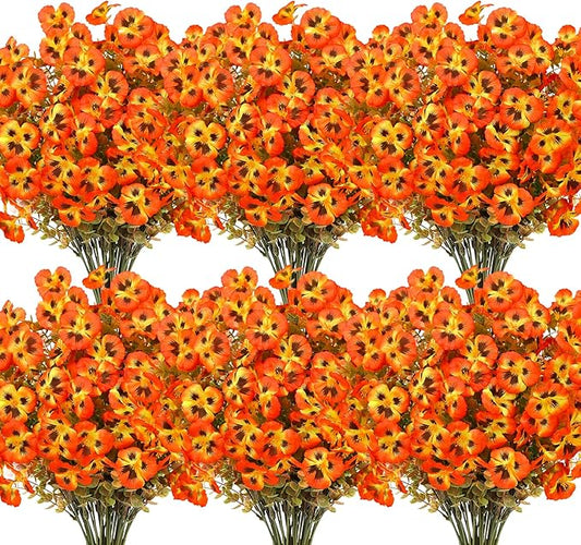 16 Bundles Artificial Fall Flowers for Outdoors Decoration, Fake Pansy Flowers UV Resistant Silk Faux Pansies Autumn Plants for Garden Window Box Patio Planter Porch Home Decor, Orange