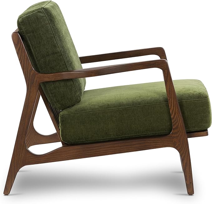 POLY & BARK Verity Fabric Accent Chair – Fabric Armchair with Walnut Wood Frame – Fashion-Forward Lounge Seating for Living Room – Upholstered in Distressed Green Velvet for Modern Style