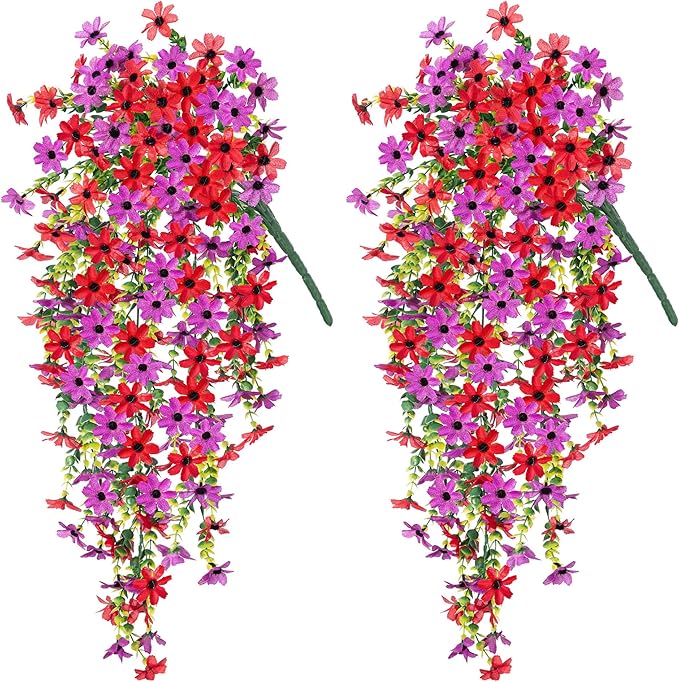 Fake Artificial Hanging Flowers for Outdoors Fake Plants Decoration, 2 Bundles Faux Silk Colorful Daisy Eucalyptus Realistic UV Resistant for Outside Home Planter Porch Patio Yard Decor(Purple Red)