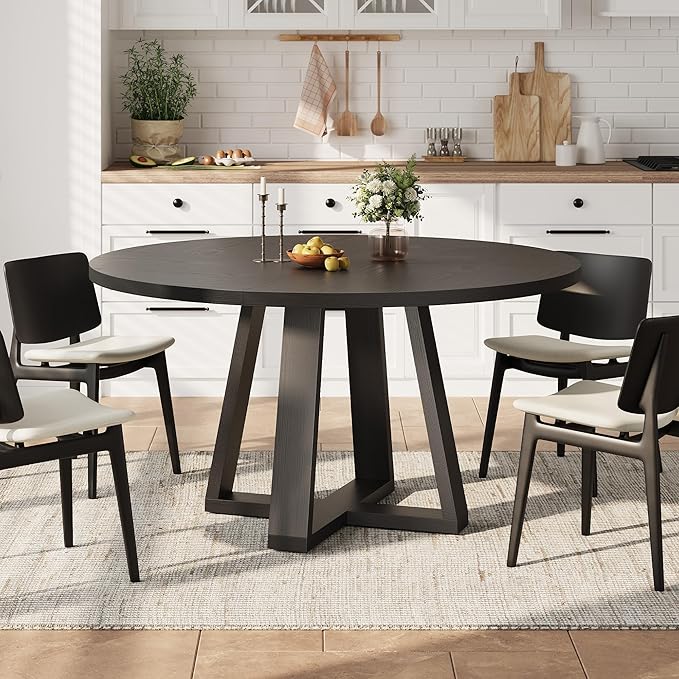 GAOMON Round Dining Table for 4-6, 47" Circle Dining Room Table with Sturdy Cross Base, Farmhouse Wood Dinner Table for Apartment Kitchen Living Room, Black (Table Only)