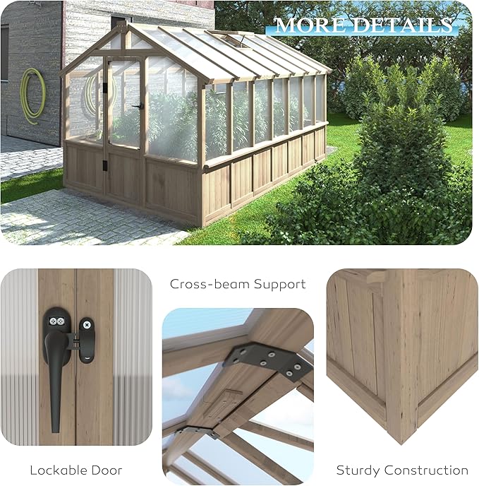 8x14 FT Outdoor Greenhouse Kit, Wooden Greenhouses for Outdoors Walk-in Green House with 6MM Thick Polycarbonate Panel & Adjustable Roof Vents, Backyard Garden, Light Mocha Brown