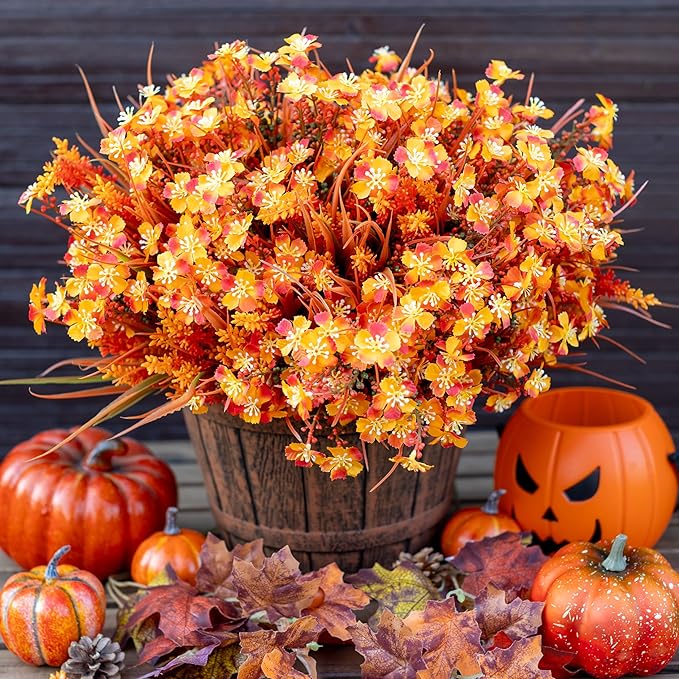 Artificial Fall Flowers Outdoor Fake Mums - 16 Bundles Fake Plants UV Resistant No Fade Faux Plastic Greenery Garden Porch Patio Fall Home Decor (1, OrangeGreen)