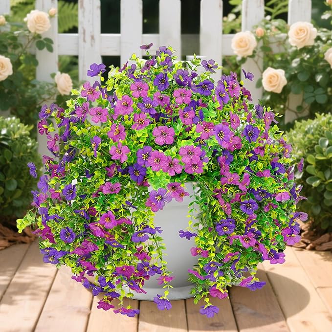 Artificial Flowers for Outdoors Decoration, 2 Pcs Outdoor Faux Plants Daisy with Eucalyptus Leaves Summer UV Resistant Fake Flowers Hanging Planters for Balcony Planter Porch Patio Garden Home Decor