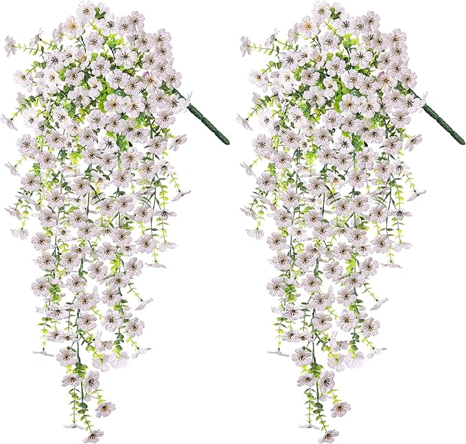 Artificial Hanging Flowers for Outdoors Faux Plants Decoration, 2 Packs Fake Silk Daisy Flower Realistic Outdoor Flowers UV Resistant Porch Patio Window Yard Outside Decor(White)