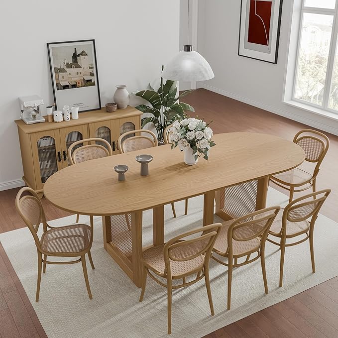 Casaphoria 79" Dining Table, Wicker Base Modern Kitchen Table for 4-6, Farmhouse Style with Oval Top & Wicker Base, Easy Assembly for Living Room, Kitchen, Natural Wood