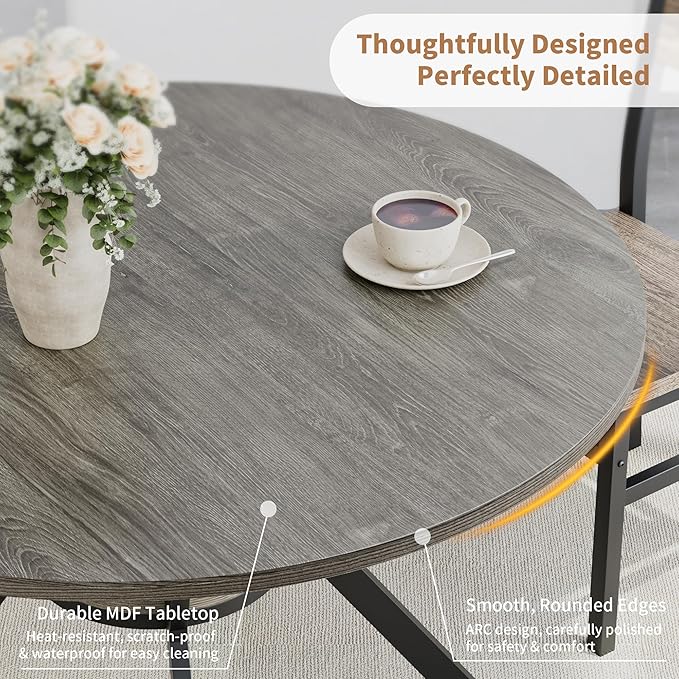 Round Dinner Table for 4, 42 Inch Kitchen & Dining Room Table with Storage, Wooden Circle Dining Table, Mid Century Modern Dining Table with Metal Legs for Kitchen, Living Room, Dining Room, Grey