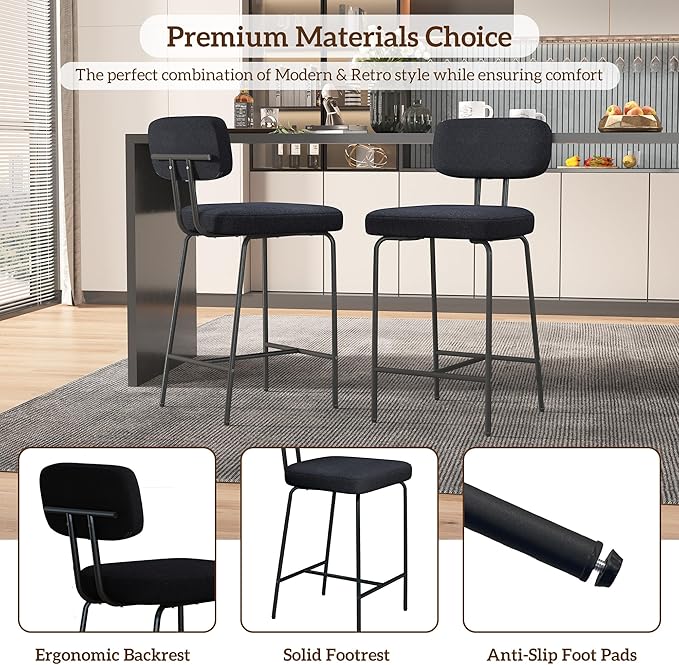 Counter Height Bar Stools Set of 4, 26" Fabric Kitchen Bar Stools with Back, Counter Barstools with Metal Legs, Bar Chairs for Kitchen Island, Black