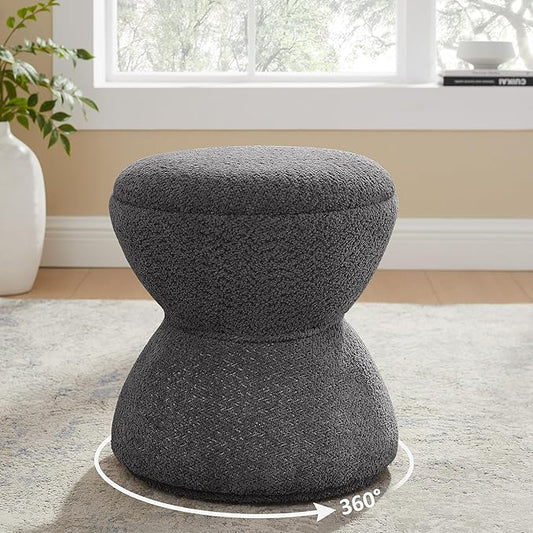 VANOMi Multi-Functional Boucle Ottoman, Vanity Stool Chair, Sturdy Rotating Wooden Footstool, Suitable for Living Room, Bedroom, and Entryway, Without Installation, Swivel, Dark Grey