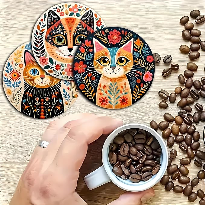 Coasters Set of 6, Wood Coasters for Drinks - Handcrafted Cat Design Thick Heat-Resistant for Beer, Coffee, Office, Bar, Farmhouse Home Decor, Tabletop Protection, for All Cups