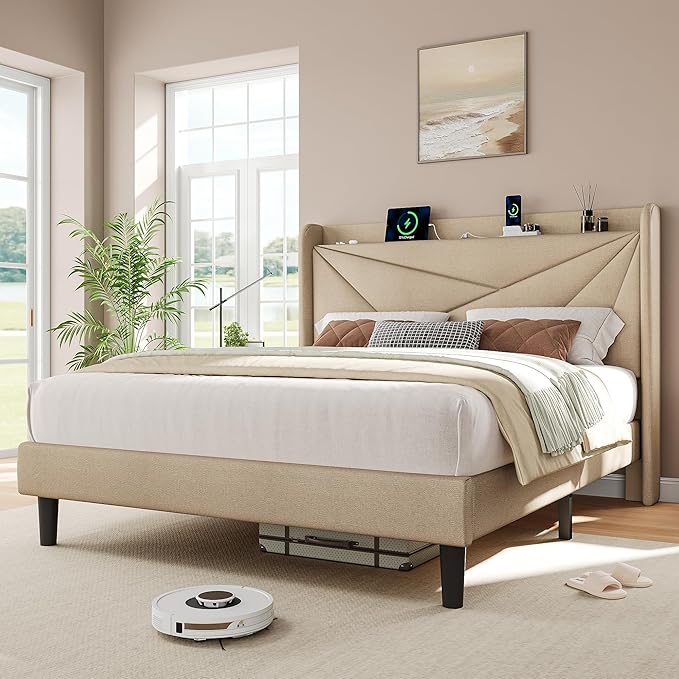iPormis Full Size Bed Frame with Charging Station, Linen Platform Bed Frame with Wingback Upholstered Headboard, Solid Wood Slats Support, No Box Spring Needed, Easy Assembly, Beige
