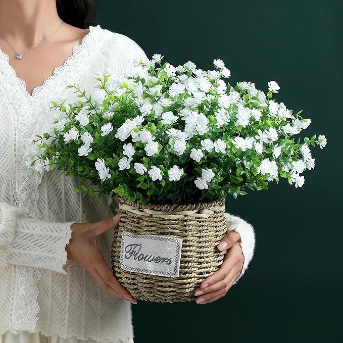 SITUMEIZI 8 Bundles White Artificial Flowers Outdoor Fake Flower Plastic UV Resistant Shrubs Greenery Plants Hanging Decorations Garden Porch Window Box Farmhouse Outside Summer Indoor Decor