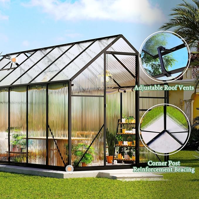 Amerlife 6x12x6.3 FT Ft Polycarbonate Greenhouse for Outdoors, Walk-in Design with Aluminum Frame, 2 Windows and Swing Door, Heavy-Duty Greenhouse Construction for Garden, Black