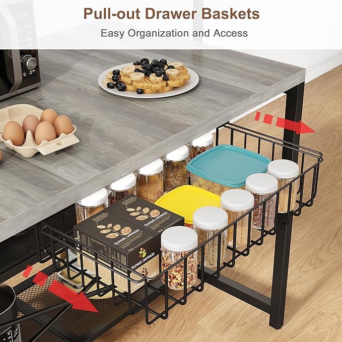 46" Large Kitchen Island Table Baker Rack with Power Outlet and 3-Tier Storage-Microwave Stand Oven Shelf, Metal Coffee Bar Table,Kitchen Storage Shelf for Dining Living Room, 5 Hooks,Grey