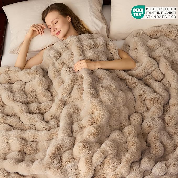 Faux Fur Throw Blanket for Couch, Fluffy Fuzzy Plush Bubble Blanket, Soft Warm Cozy Shaggy Rabbit Blanket, Luxury Decorative Gifts for Sofa Bedroom Living Room, 60x50inch (Naked Color)