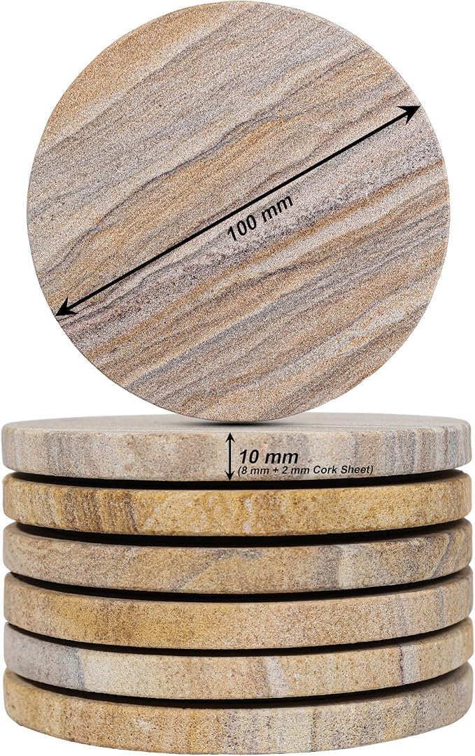 Sandstone Water Absorbent Hand Crafted Round Coasters for Drinks - 4 Inches Wide Thirsty Stone Bar/Drink Coasters- Made from Rainbow Sandstone (Set of 6 Without Holder)