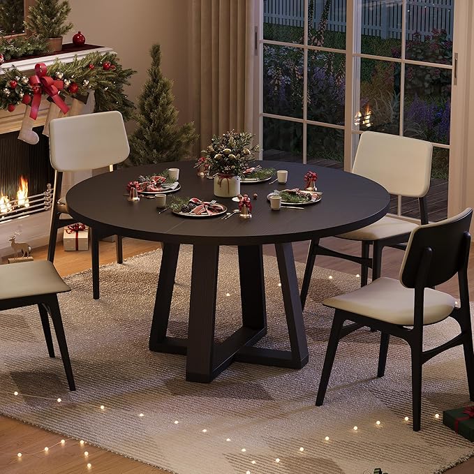 GAOMON Round Dining Table for 4-6, 47" Circle Dining Room Table with Sturdy Cross Base, Farmhouse Wood Dinner Table for Apartment Kitchen Living Room, Black (Table Only)