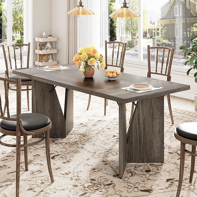 Garvee 70.9'' Dining Table for 6, Farmhouse Rectangular Kichen Table with Sturdy Frame, Wooden Thickened Long Desk and Dinner Desk for Dining Room, Kitchen, Office, Game Room(Grey)