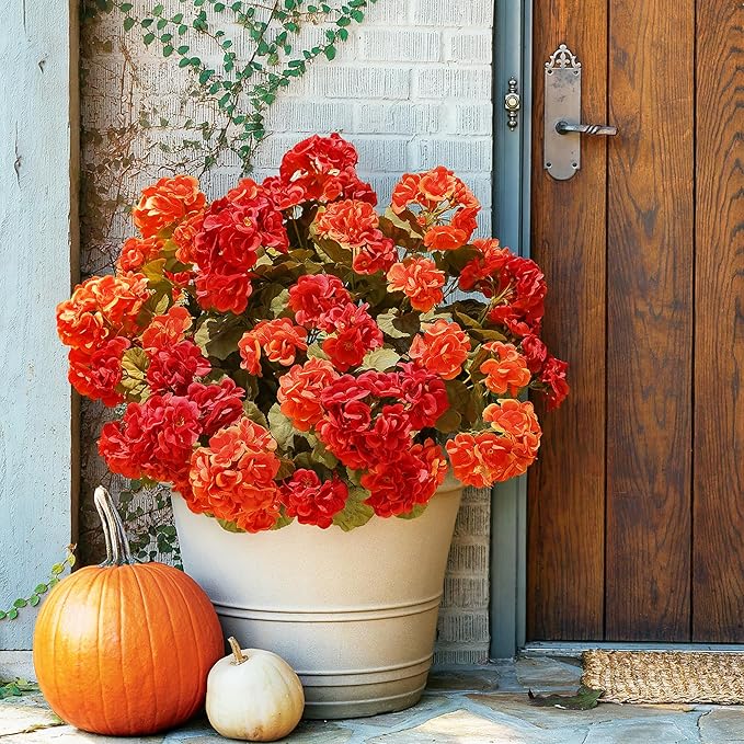 Fake Geraniums Artificial Flowers for Outdoors Fall Autumn Decoration, 6 Bundles Silk Geraniums Look Real Faux Fall Flowers Plants for Front Door Garden Planter Patio Balcony Yard Home Indoor, Mix
