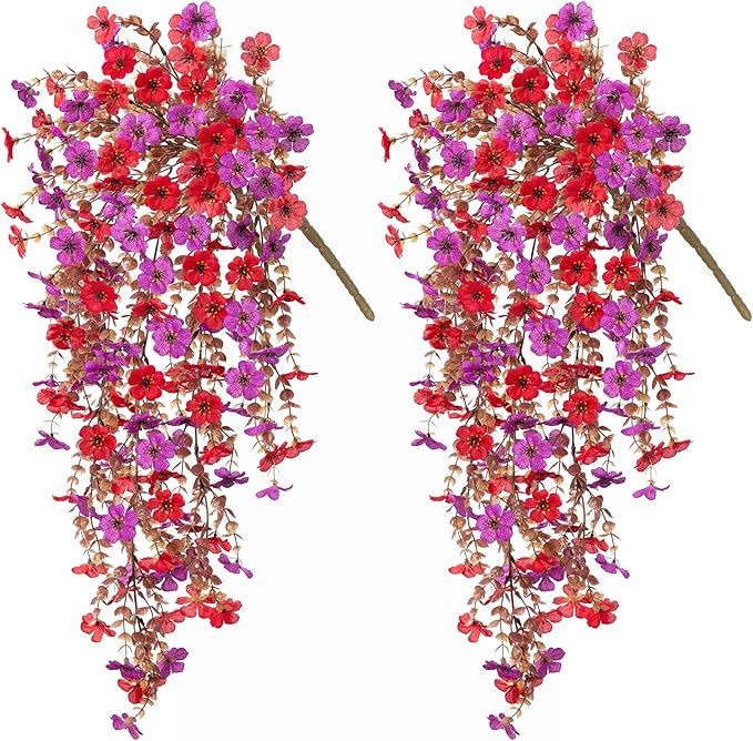 Fall Flowers Artificial for Decoration,Artificial Flowers for Outdoors,Autumn Fake Plants Home Decor Thanksgiving Realistic Silk Daisy,Fall Leaves UV Resistant Garden Courtyard Patio (Red Purple)