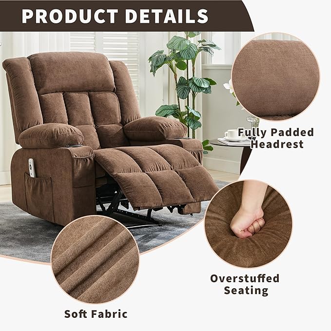 GarveeHome 360° Swivel Rocker Recliner Chair with Heat Massage, Widen Overstuffed Single Sofa Lounge Chair with 3 Positions 2 Side Pockets Cup Holders USB Ports Remote Control Brown