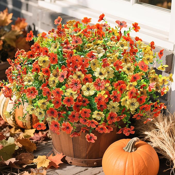 Artificial Fall Flowers Fake Mums for Outdoor Autumn Decoration, 12 Bundles Faux Silk Orange Yellow Mums Daisy Look Real UV Resistant for Outside Home Porch Patio Planter