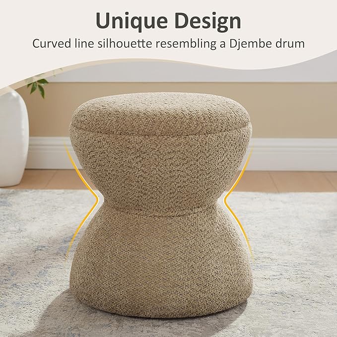 VANOMi Multi-Functional Boucle Ottoman, Vanity Stool Chair, Sturdy Wooden Footstool, Suitable for Living Room, Bedroom, and Entryway, Without Installation, Camel
