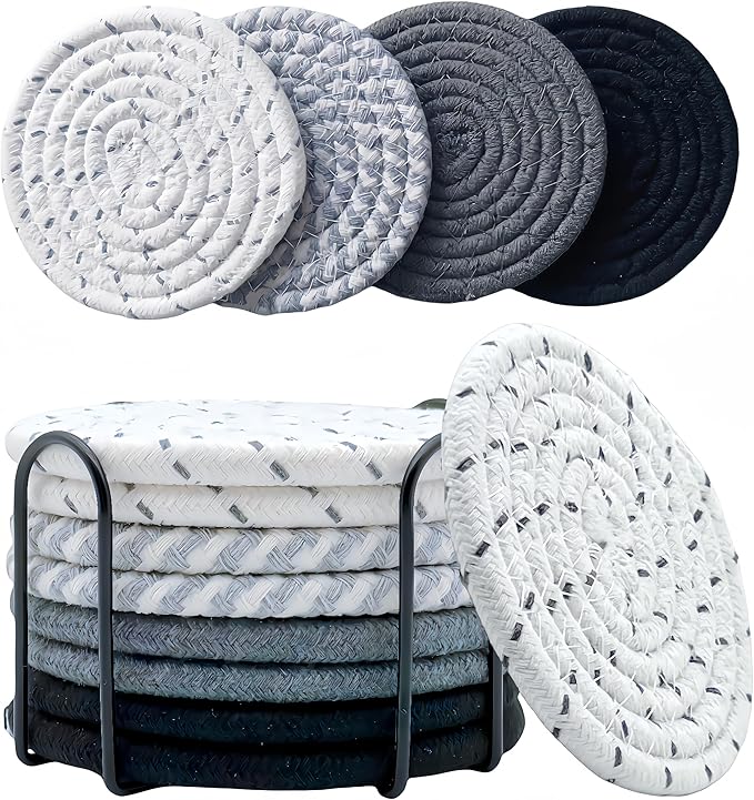 8 Pcs Drink Coasters with Holder, Coasters for Coffee Table, Absorbent Coaster Set for Living Room Decor Tabletop Protection, Coaster Set 4 - Color Cup (Gray Mix)