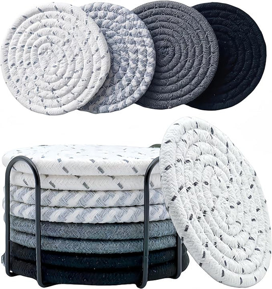 8 Pcs Drink Coasters with Holder, Coasters for Coffee Table, Absorbent Coaster Set for Living Room Decor Tabletop Protection, Coaster Set 4 - Color Cup (Gray Mix)