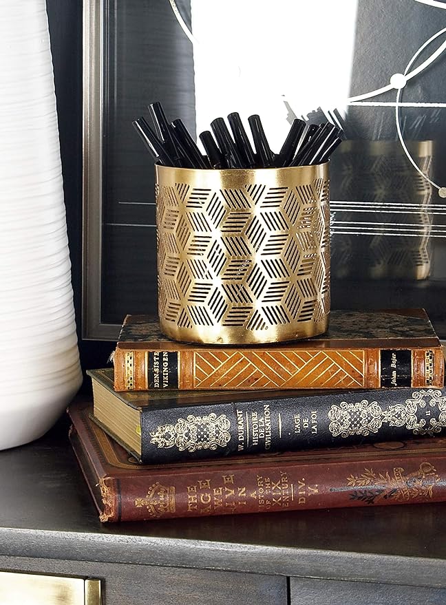 Deco 79 Metal Geometric Pencil Cup with Laser Carved Design, 4" x 4" x 4", Gold
