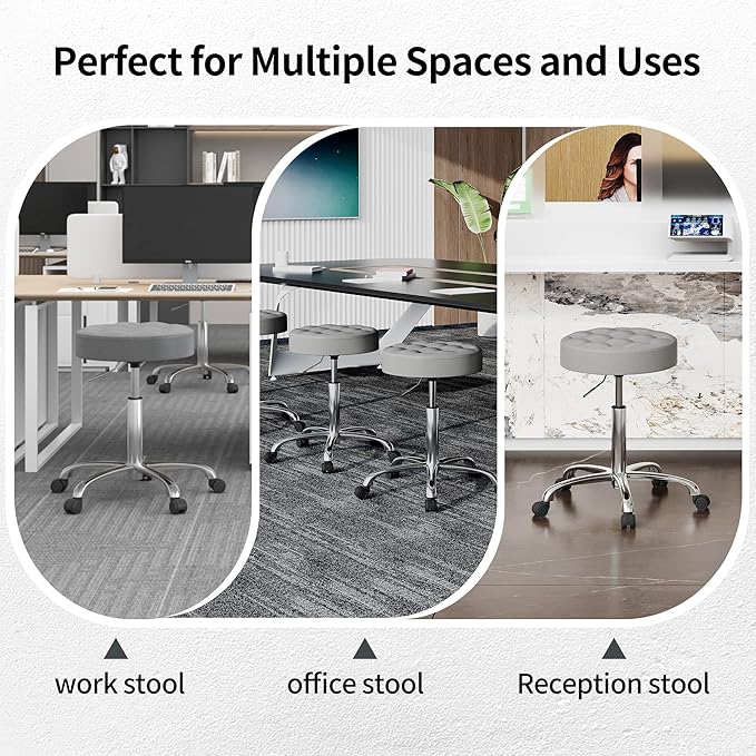 Office Stools with Quiet Wheels (300lbs Capacity) (Sturdy Aluminum Base) Multifunctional Nail Stool (Gray)