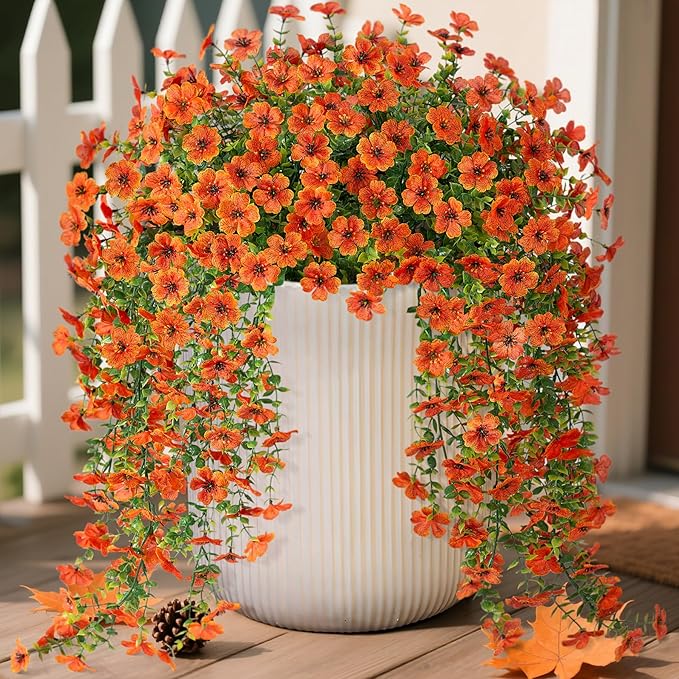 Fake Mums Artificial Hanging Flowers for Outdoor Fall Decoration, 2 PCS Silk Daisy Flower Realistic Faux Plants UV Resistant for Porch Patio Window Yard Outside Autumn Decor(Orange)