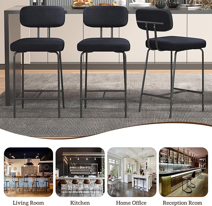 Counter Height Bar Stools Set of 4, 26" Fabric Kitchen Bar Stools with Back, Counter Barstools with Metal Legs, Bar Chairs for Kitchen Island, Black