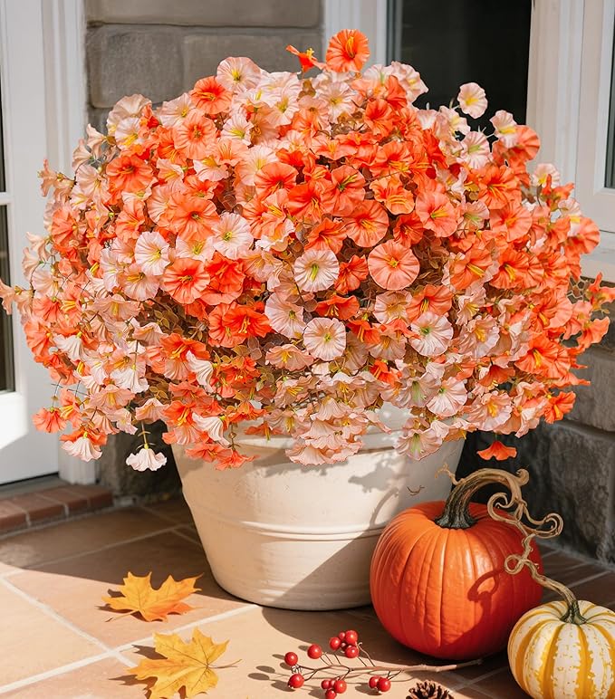 Fake Mums Fall Artificial Flowers Plants for Outdoors Autumn Decoration, 12 Bundles Silk Morning Glory with Eucalyptus Realistic UV Resistant Faux Mums for Outside Planter Yard Garden Home Indoor, Mix