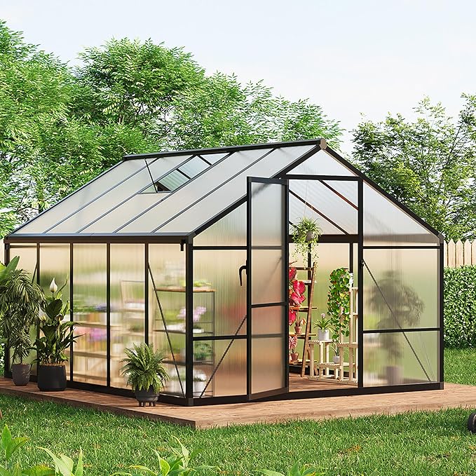 8 x 10 FT Greenhouse, Greenhouses for Outside, Polycarbonate Greenhouse with Aluminum Frame, Lockable Door and Ajustable Roof Vent for Backyard, Green Houses for Outside Garden Backyard, Patio