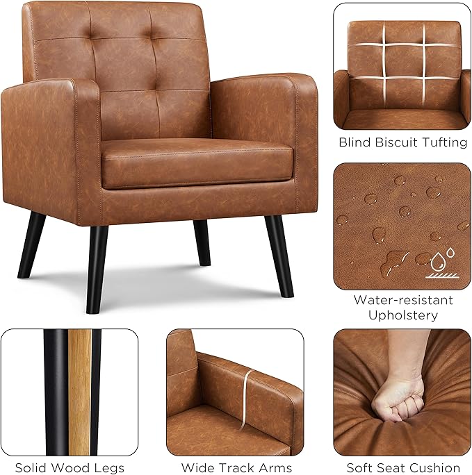 Yaheetech Mid-Century Accent Chairs, PU Leather Modern Upholstered Living Room Chair, Cozy Armchair Button Tufted Back and Wood Legs for Bedroom/Office/Cafe, Retro Brown