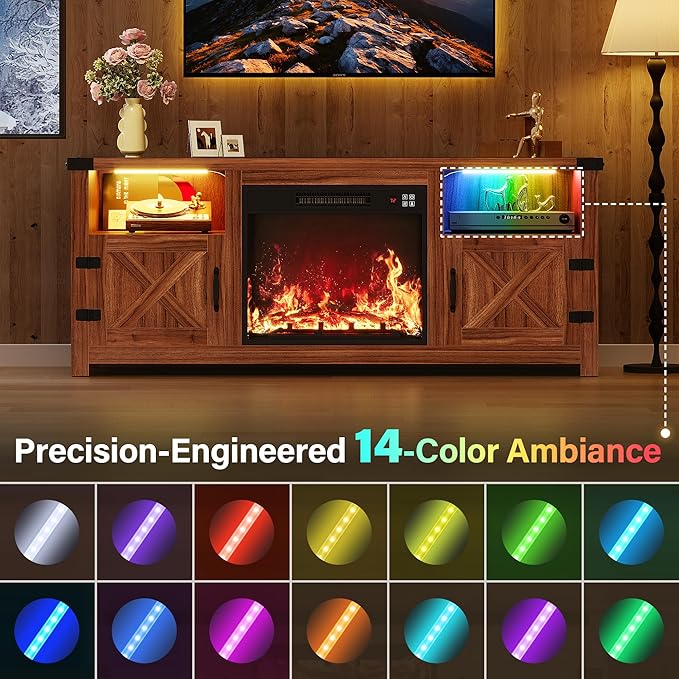 YESHOMY Fireplace TV Stand with Mood Lighting, LED TV Stand with Open Shelf, Farmhouse Media Console with Hidden Cable Routing, Entertainment Center for Televisions up to 65+ Inch, Walnut