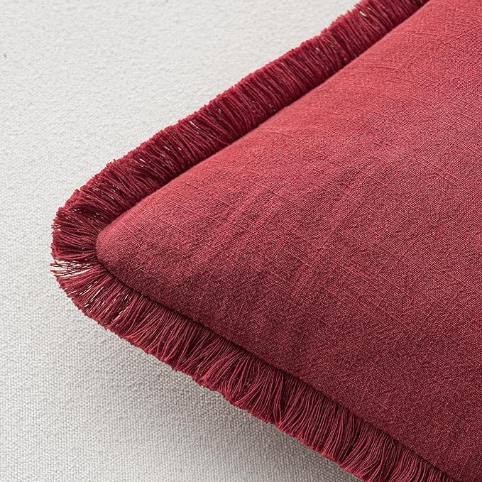 MIULEE Christmas Decorative Throw Pillow Covers Neutral Linen Fringe Throw Pillows Set of 2 Burgundy Boho Farmhouse Cushion Covers with Tassels for Couch Sofa Bed Living Room Home Decor 18x18 Inch