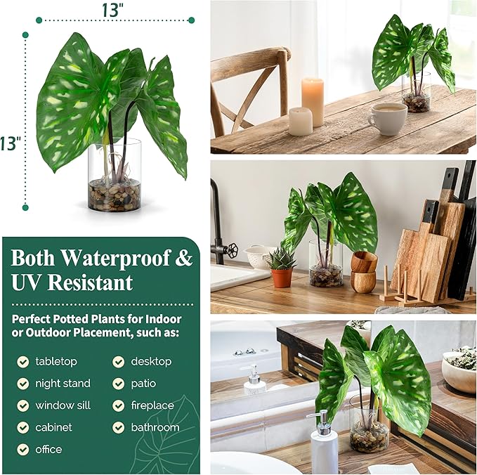 SUNPRAIRIE Tropical Artificial Plant in Clear Pot with Artificial Water, Wide Arrowhead Leaves. Faux Plants Indoor and Outdoor