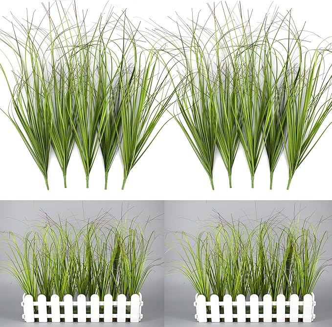 10PCS Artificial Plants Outdoor,Artificial Shrubs Fake Tall Grass,Artificial Faux Greenery Stems,Fake Leaves Artificial Grass Plant Onion Grass UV Resistant for Indoor Decor (10, Green)