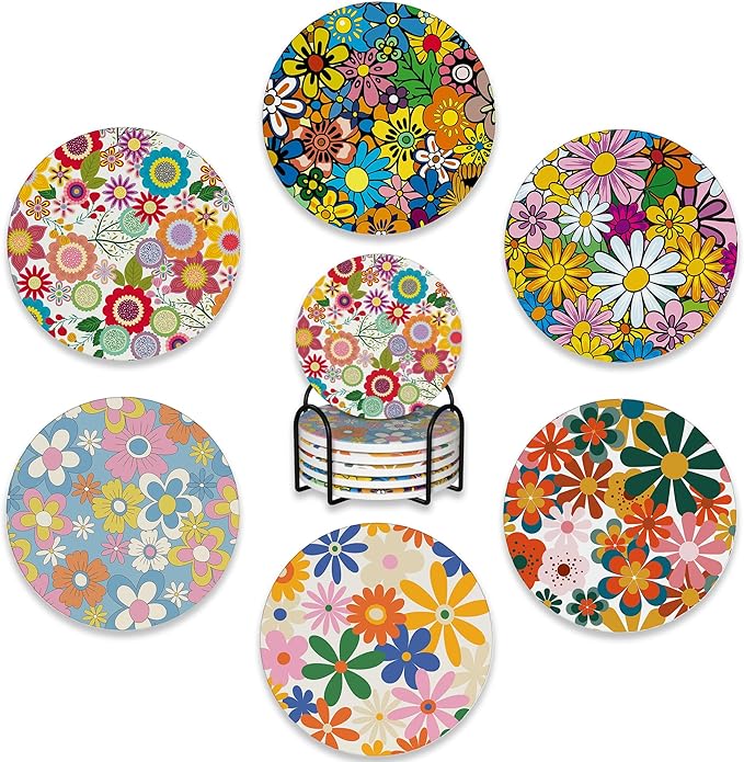6 Pcs Coasters for Drinks with Holder,Retro Colorful Daisy Flowers 70s Hippie Floral Absorbent Coaster with Cork Backing,Great Gift for Housewarming,Room Decor,Bar,Holiday Party