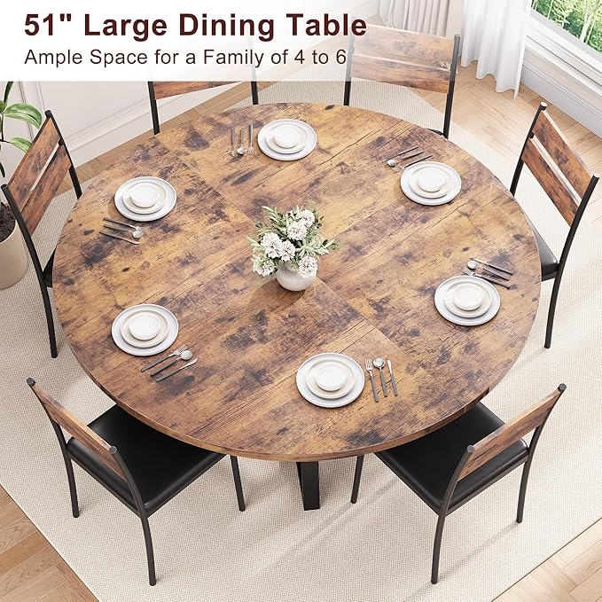 51'' Round Dining Table for 6,Kitchen Dining Room Circle Dinner Pedestal Table,Space Saving Wood Kitchen & Dining Room Furniture (Vintage, 51In)