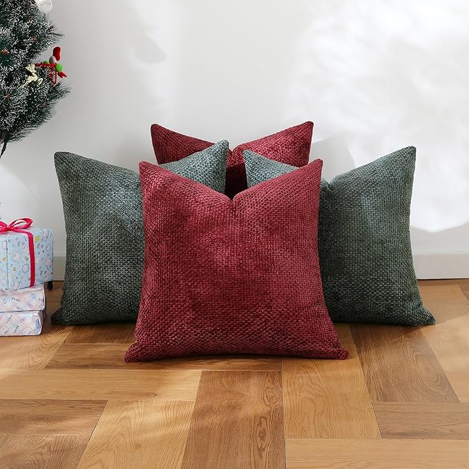Stellhome 4 Packs Christmas Decorative Throw Pillow Covers Chenille Woven Textured Luxury Accent Cushion Cases for Living Room Couch Bed Sofa Farmhouse Boho Home, 16x16 inch, Hunter Green and Wine Red