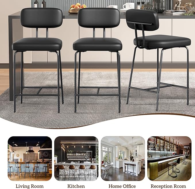 Counter Height Bar Stools Set of 2, 26" Faux Leather Kitchen Counter Stools with Backs, Metal Legs, Footrest, Bar Chairs for Kitchen Island, Black